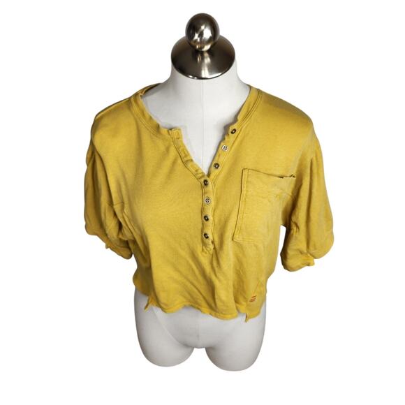 BDG Urban Outfitters Off‎ Step Slouchy Cropped Henley Top Womens XS Yellow Boxy - Picture 1 of 11